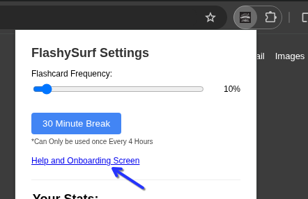 Location of the 'Help and Onboarding Screen' link in the popup
